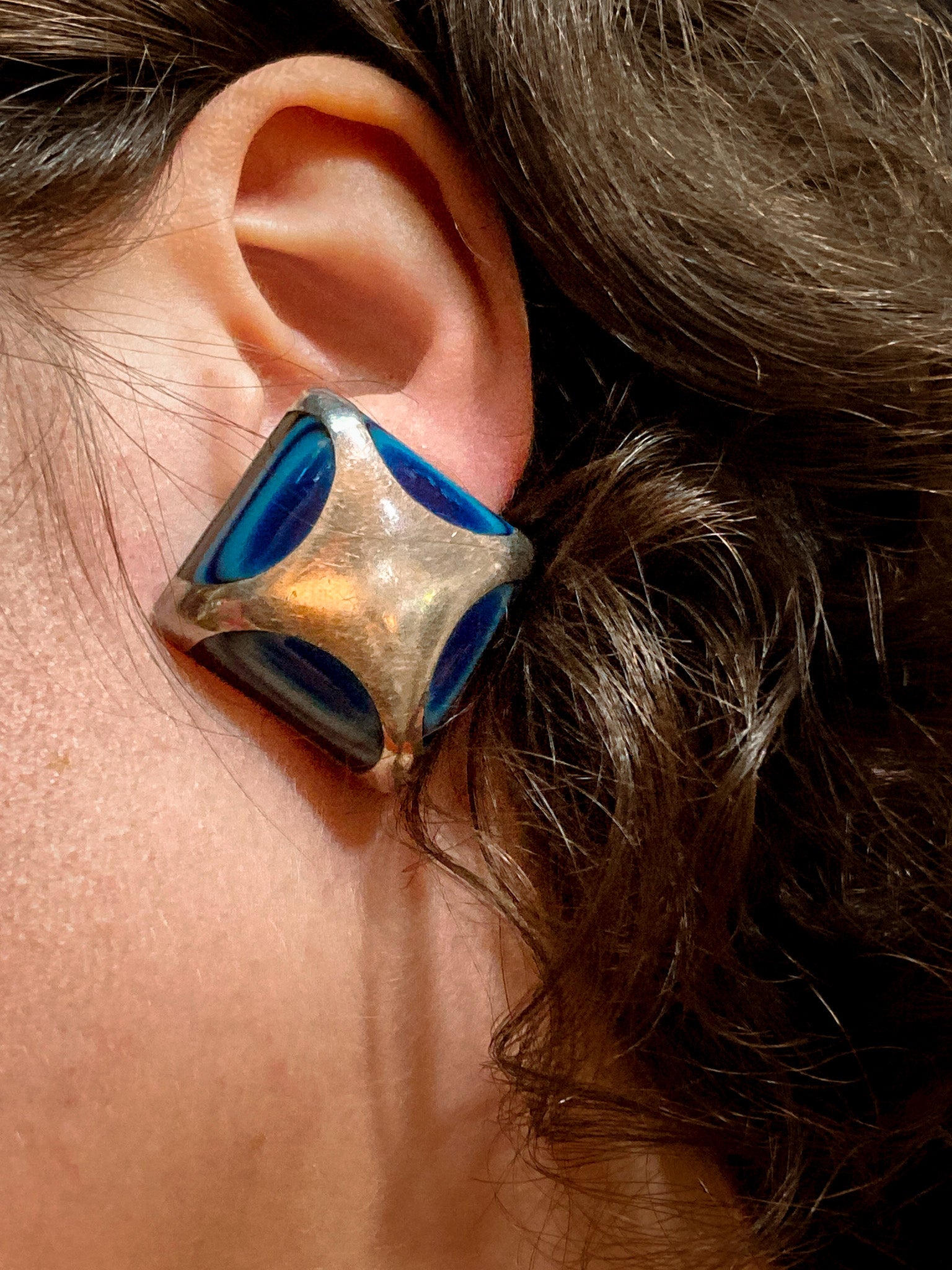 Vintage Mexico Sterling Silver Layered Blue Glass Geometric Clip On Earrings