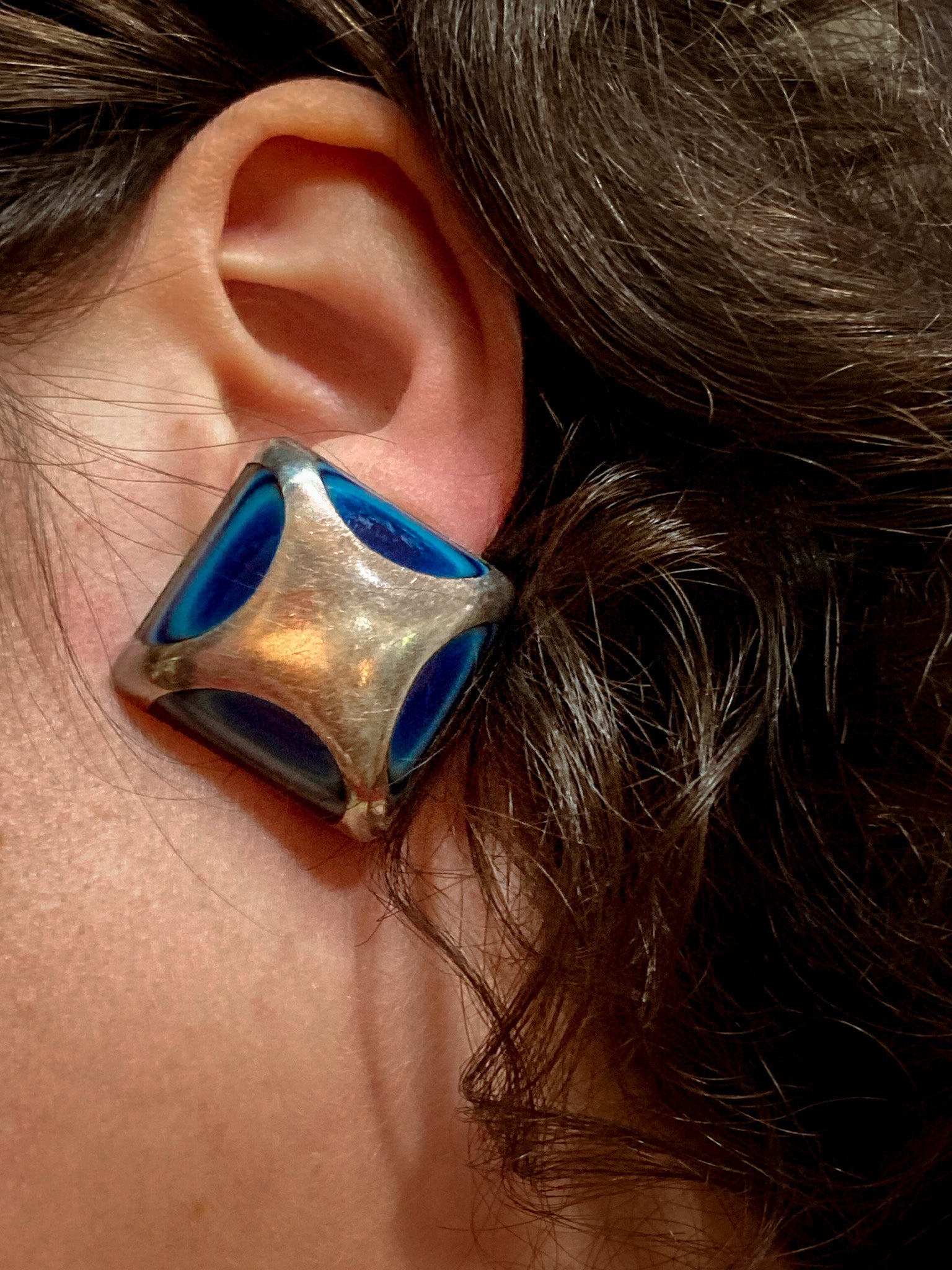Vintage Mexico Sterling Silver Layered Blue Glass Geometric Clip On Earrings