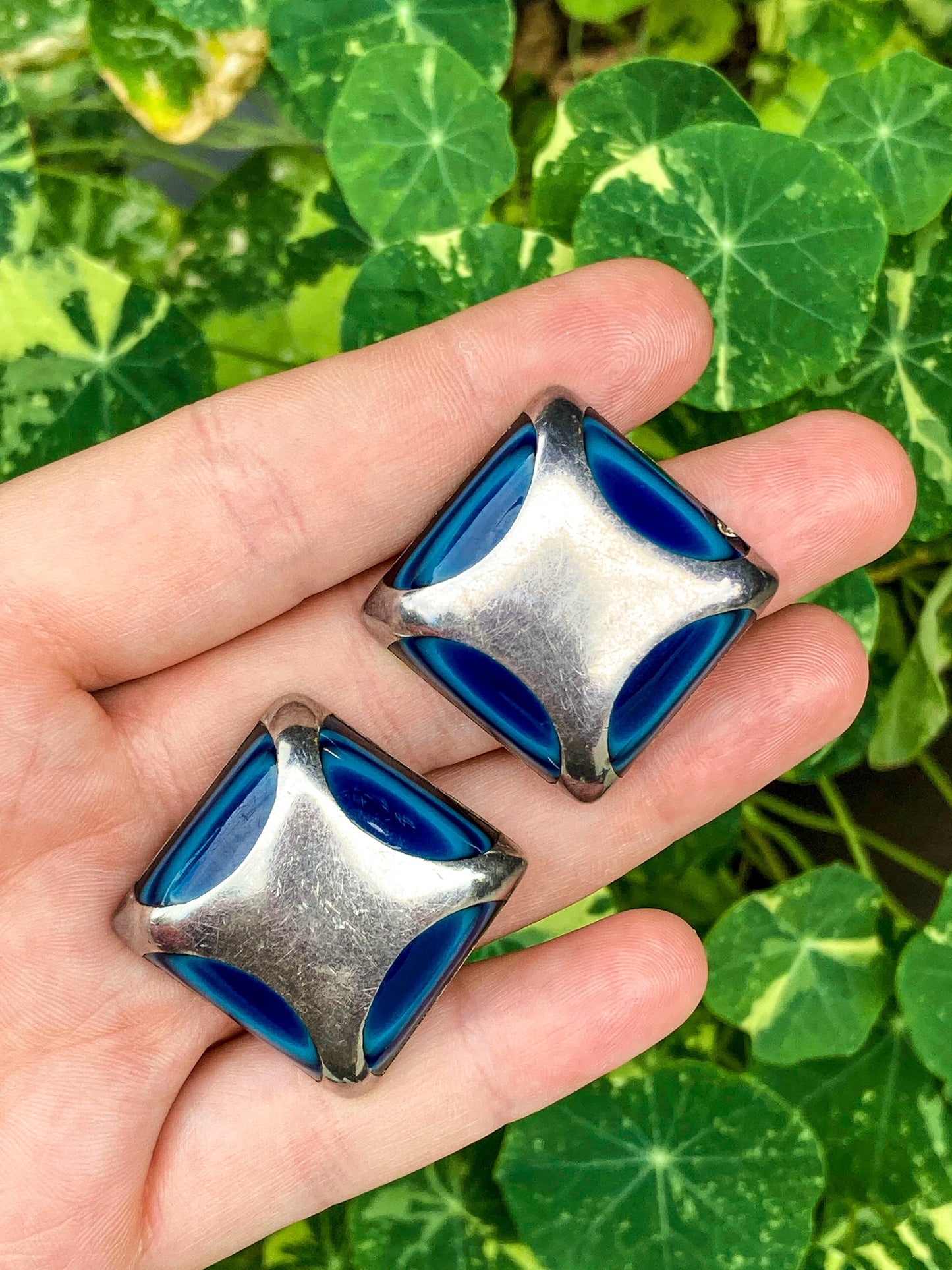 Vintage Mexico Sterling Silver Layered Blue Glass Geometric Clip On Earrings