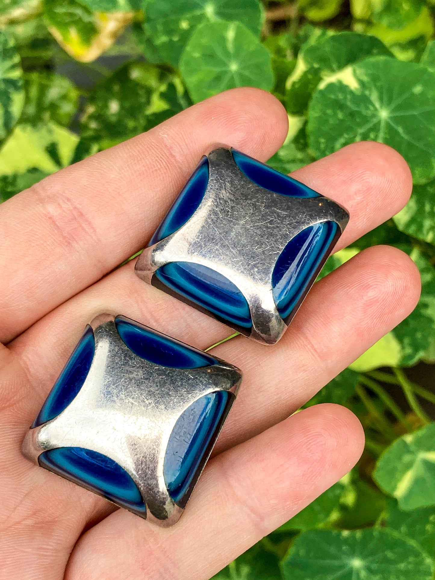 Vintage Mexico Sterling Silver Layered Blue Glass Geometric Clip On Earrings