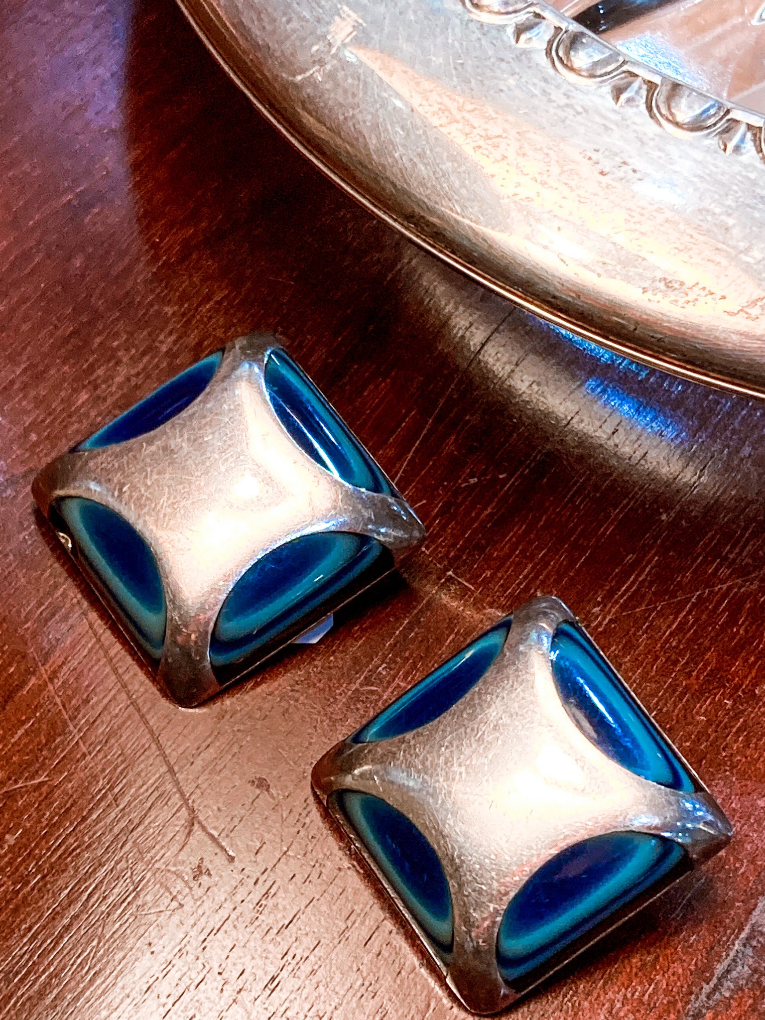 Vintage Mexico Sterling Silver Layered Blue Glass Geometric Clip On Earrings