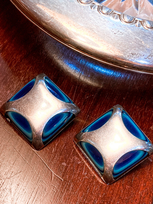Vintage Mexico Sterling Silver Layered Blue Glass Geometric Clip On Earrings