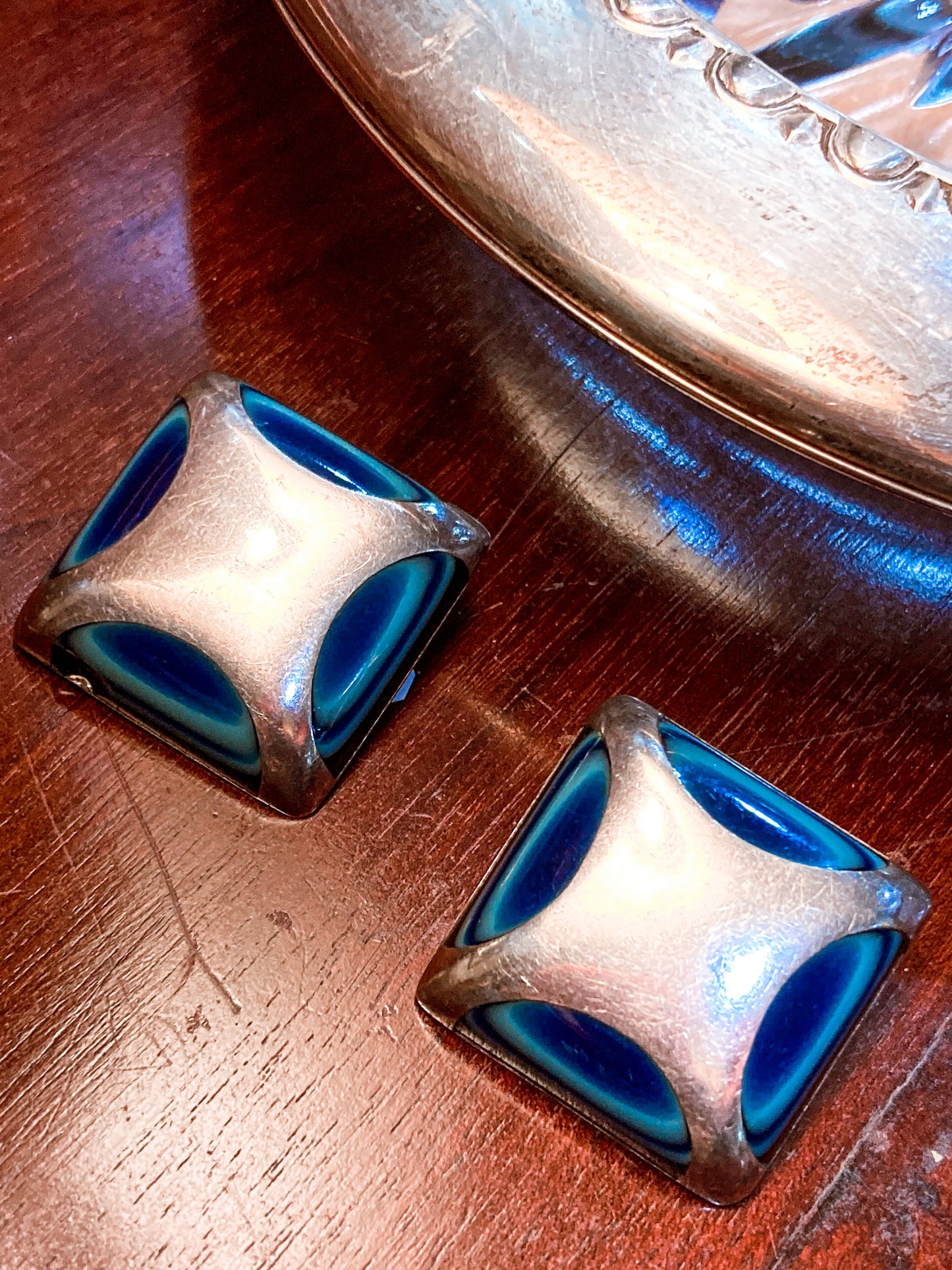 Vintage Mexico Sterling Silver Layered Blue Glass Geometric Clip On Earrings