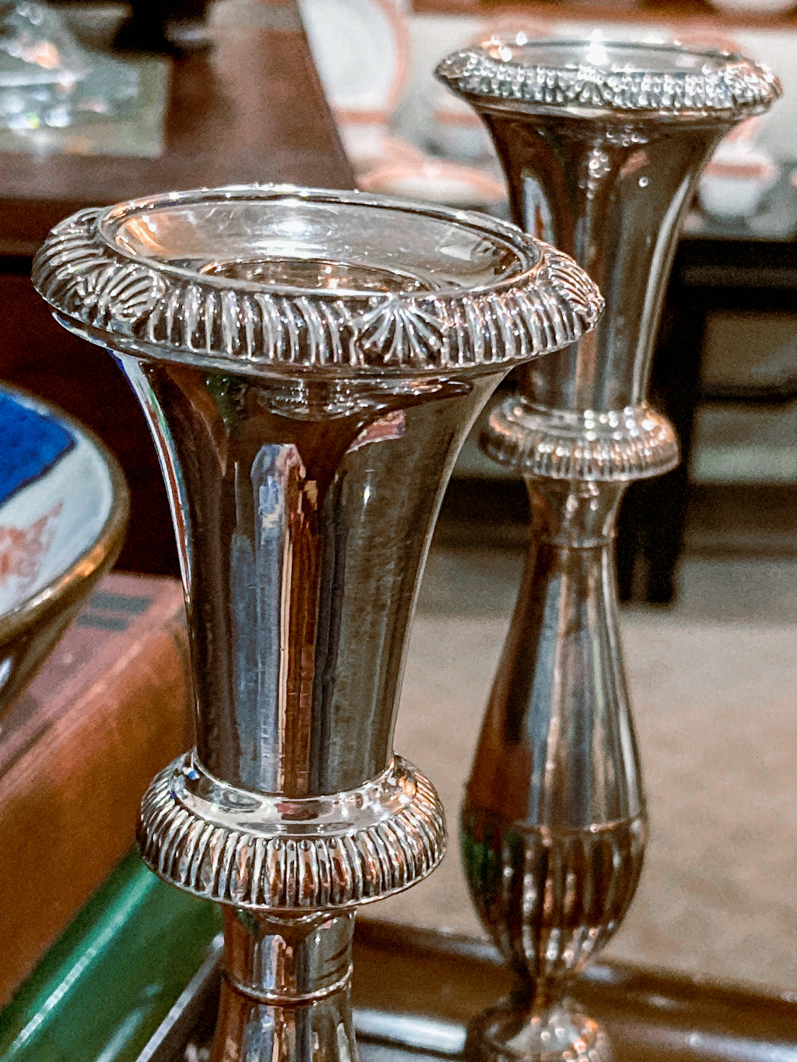 Pair 20th Century Georgian Style Silver-Plated Tall Weighted Candlesticks