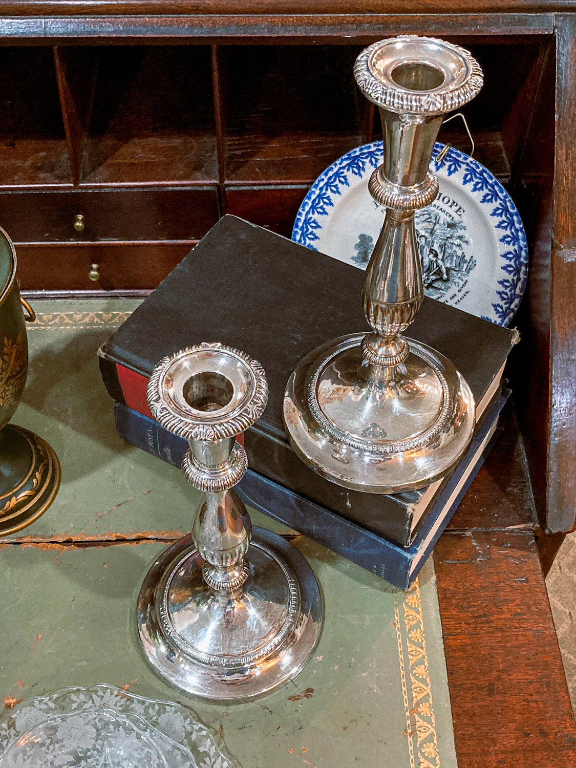 Pair 20th Century Georgian Style Silver-Plated Tall Weighted Candlesticks