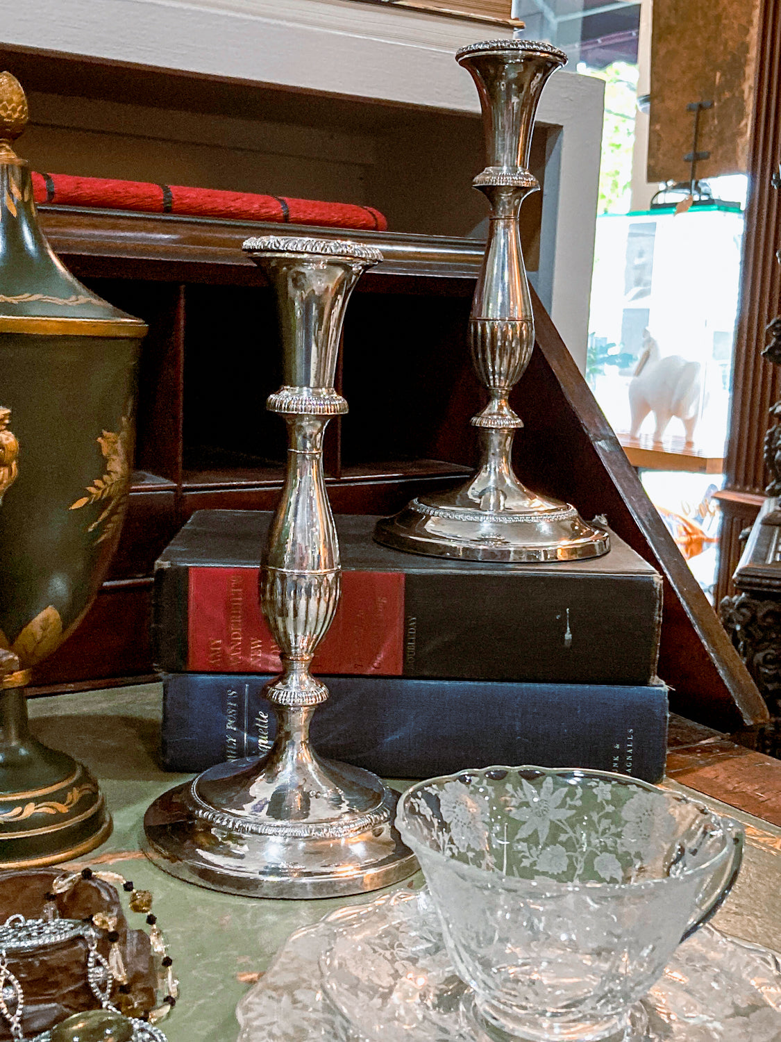 Pair 20th Century Georgian Style Silver-Plated Tall Weighted Candlesticks