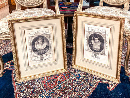 Pair Antique 18th Century Royal England Scotland Queen Framed Prints