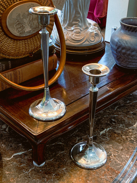 Pair Antique 20th Century Sterling Silver Tall Tapered Monogramed Candlesticks