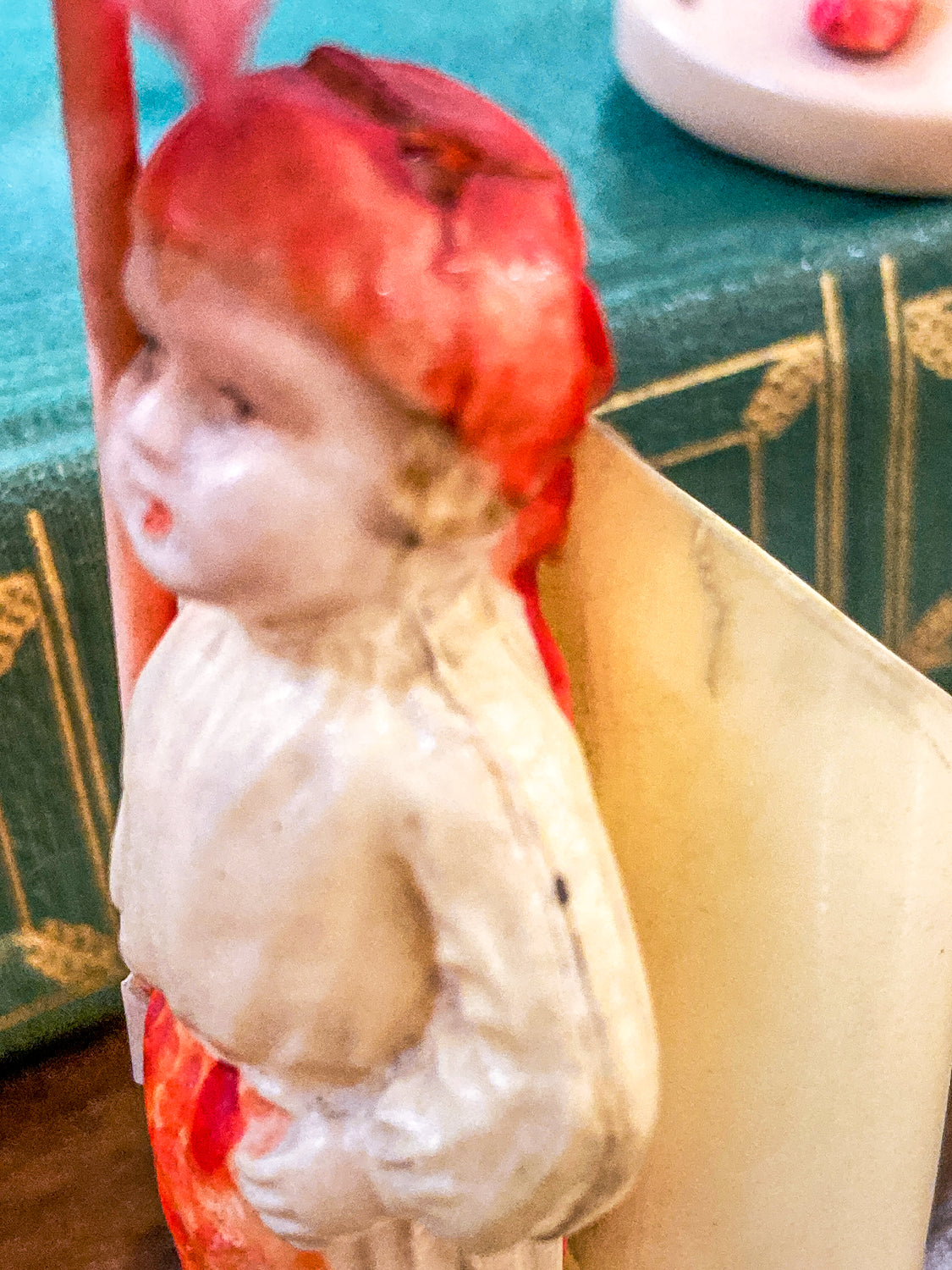 Pair Antique Celluloid Folk Figural Couple with Umbrellas Toothpick Holders