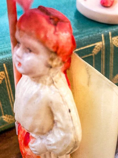 Pair Antique Celluloid Folk Figural Couple with Umbrellas Toothpick Holders