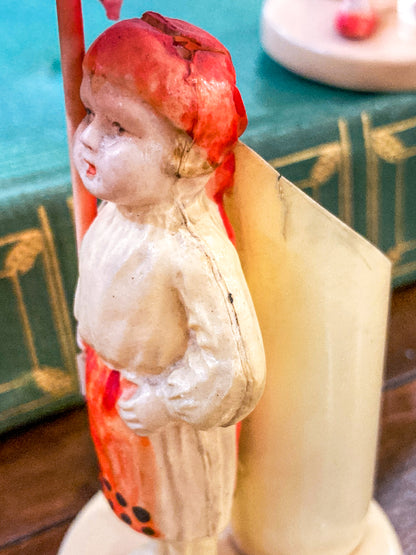 Pair Antique Celluloid Folk Figural Couple with Umbrellas Toothpick Holders