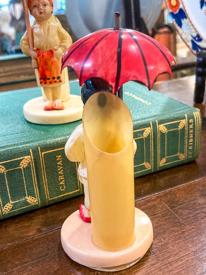 Pair Antique Celluloid Folk Figural Couple with Umbrellas Toothpick Holders