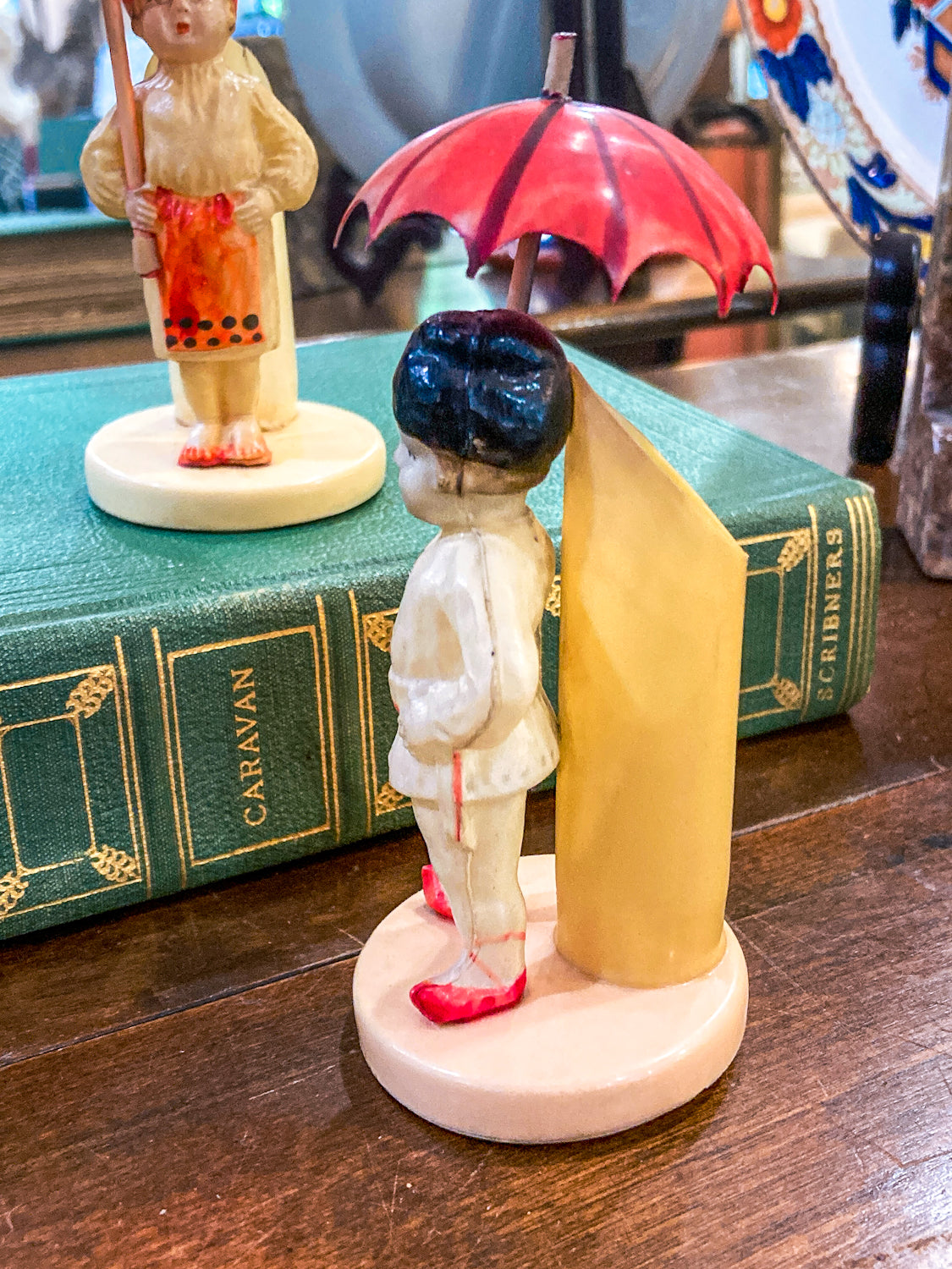Pair Antique Celluloid Folk Figural Couple with Umbrellas Toothpick Holders