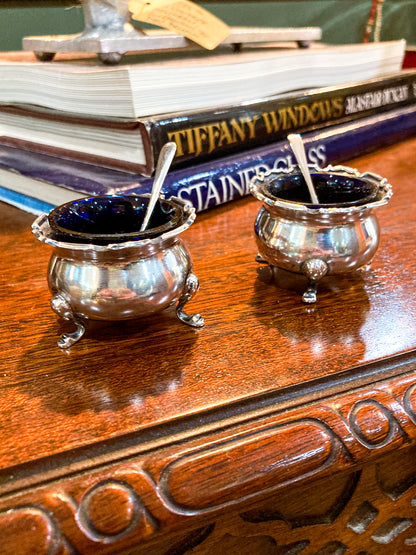 Pair Antique Mappin & Webb Sterling Silver Cobalt Glass Footed Salt Cellars