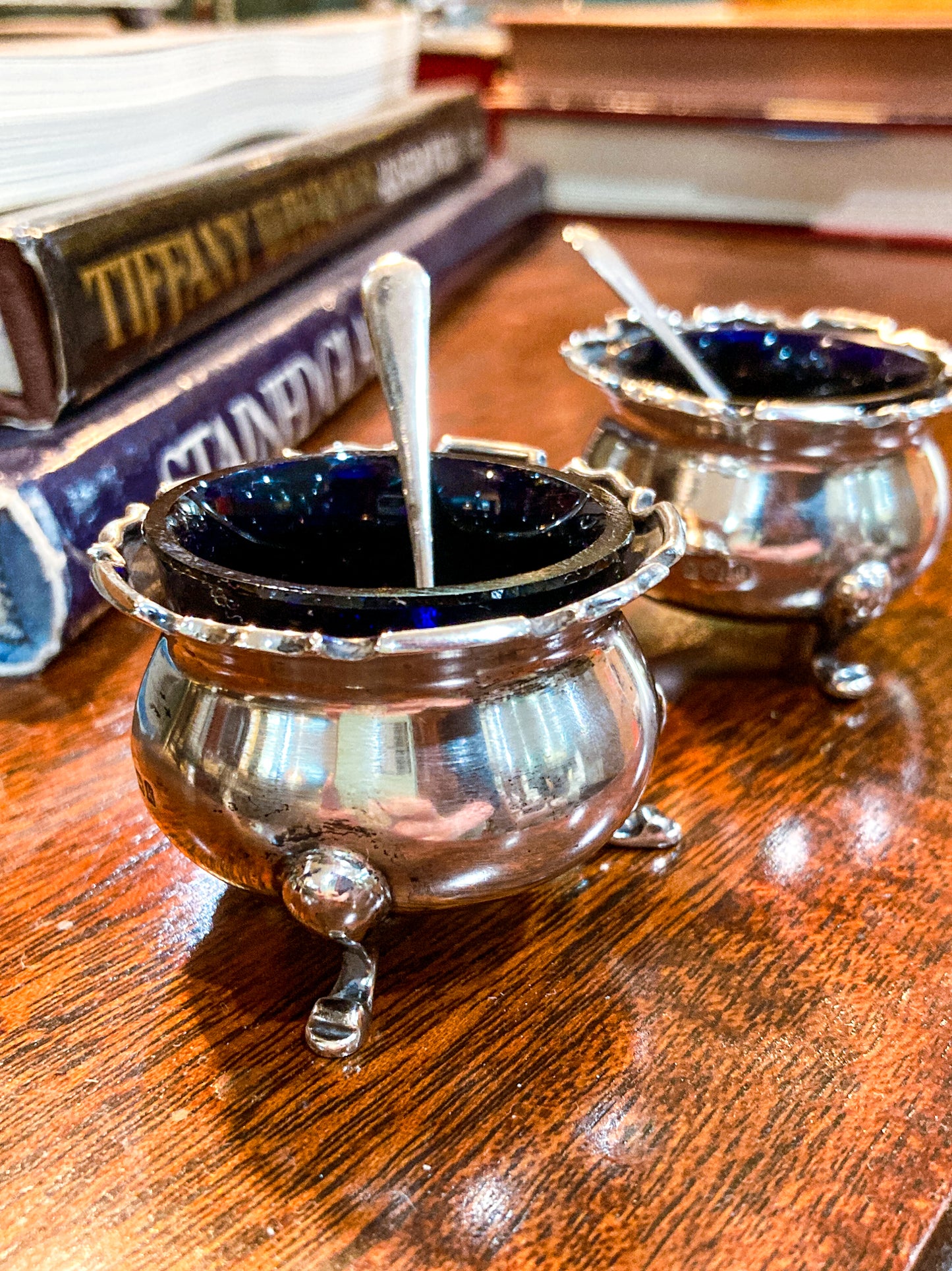 Pair Antique Mappin & Webb Sterling Silver Cobalt Glass Footed Salt Cellars