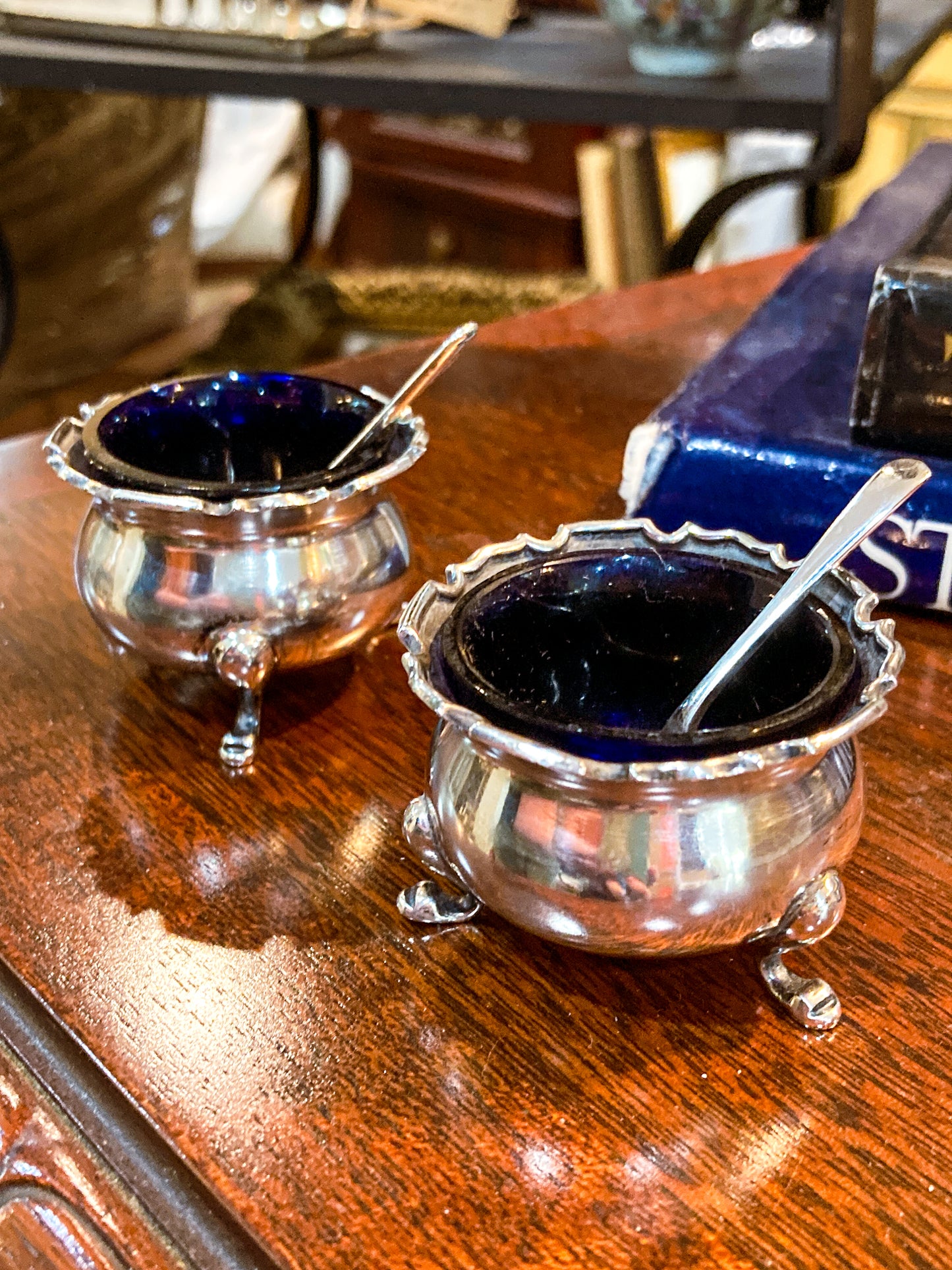 Pair Antique Mappin & Webb Sterling Silver Cobalt Glass Footed Salt Cellars