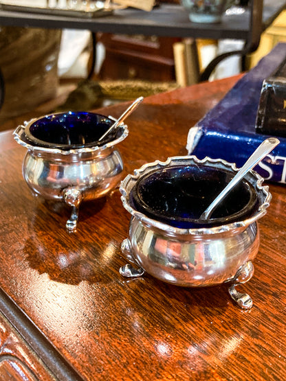Pair Antique Mappin & Webb Sterling Silver Cobalt Glass Footed Salt Cellars