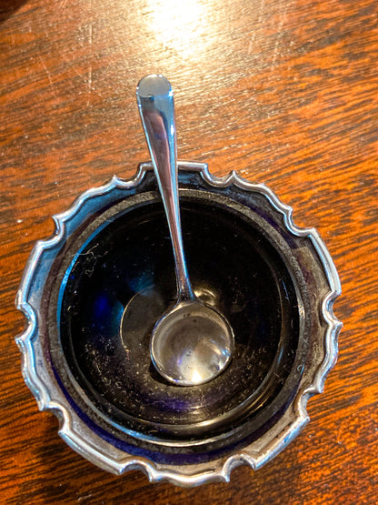 Pair Antique Mappin & Webb Sterling Silver Cobalt Glass Footed Salt Cellars