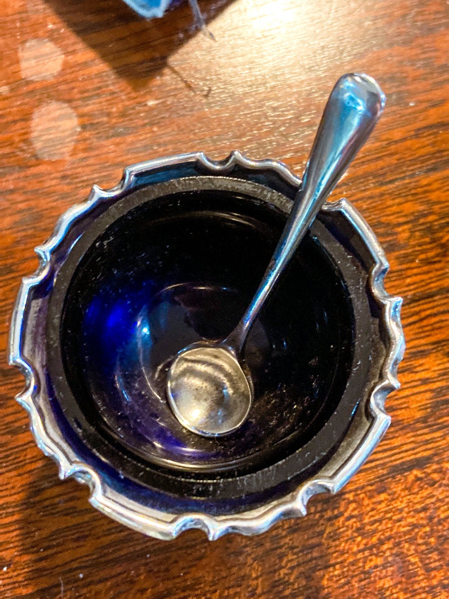 Pair Antique Mappin & Webb Sterling Silver Cobalt Glass Footed Salt Cellars