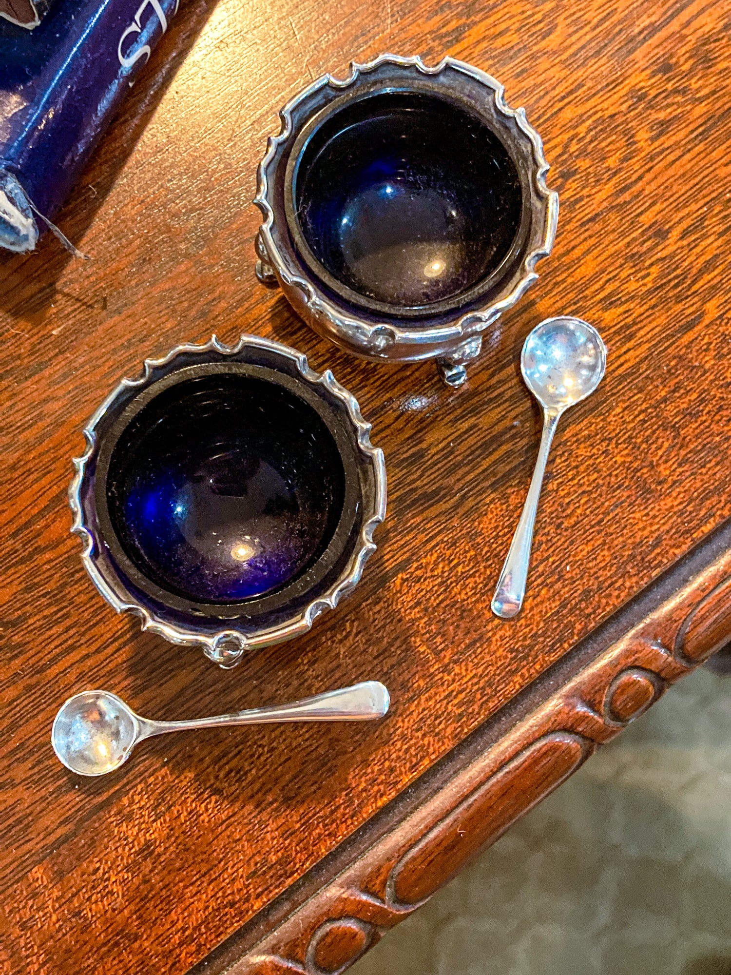 Pair Antique Mappin & Webb Sterling Silver Cobalt Glass Footed Salt Cellars