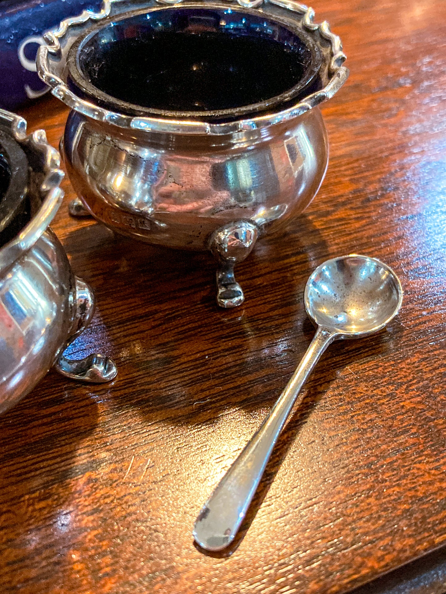 Pair Antique Mappin & Webb Sterling Silver Cobalt Glass Footed Salt Cellars