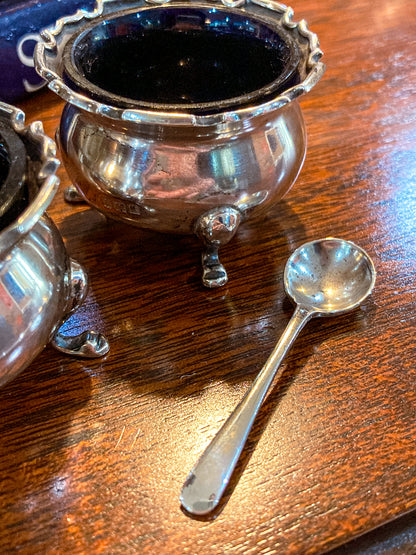 Pair Antique Mappin & Webb Sterling Silver Cobalt Glass Footed Salt Cellars