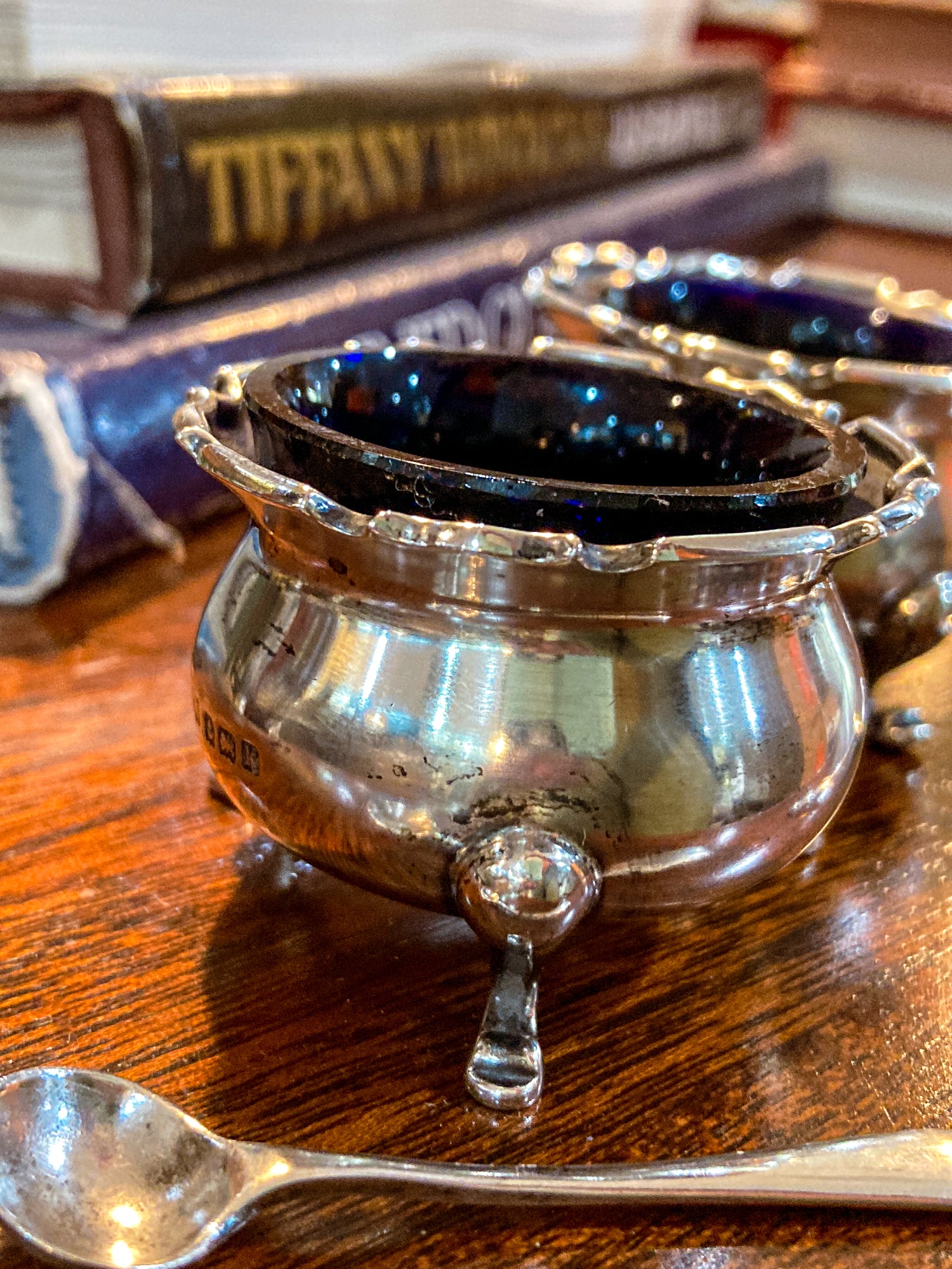 Pair Antique Mappin & Webb Sterling Silver Cobalt Glass Footed Salt Cellars