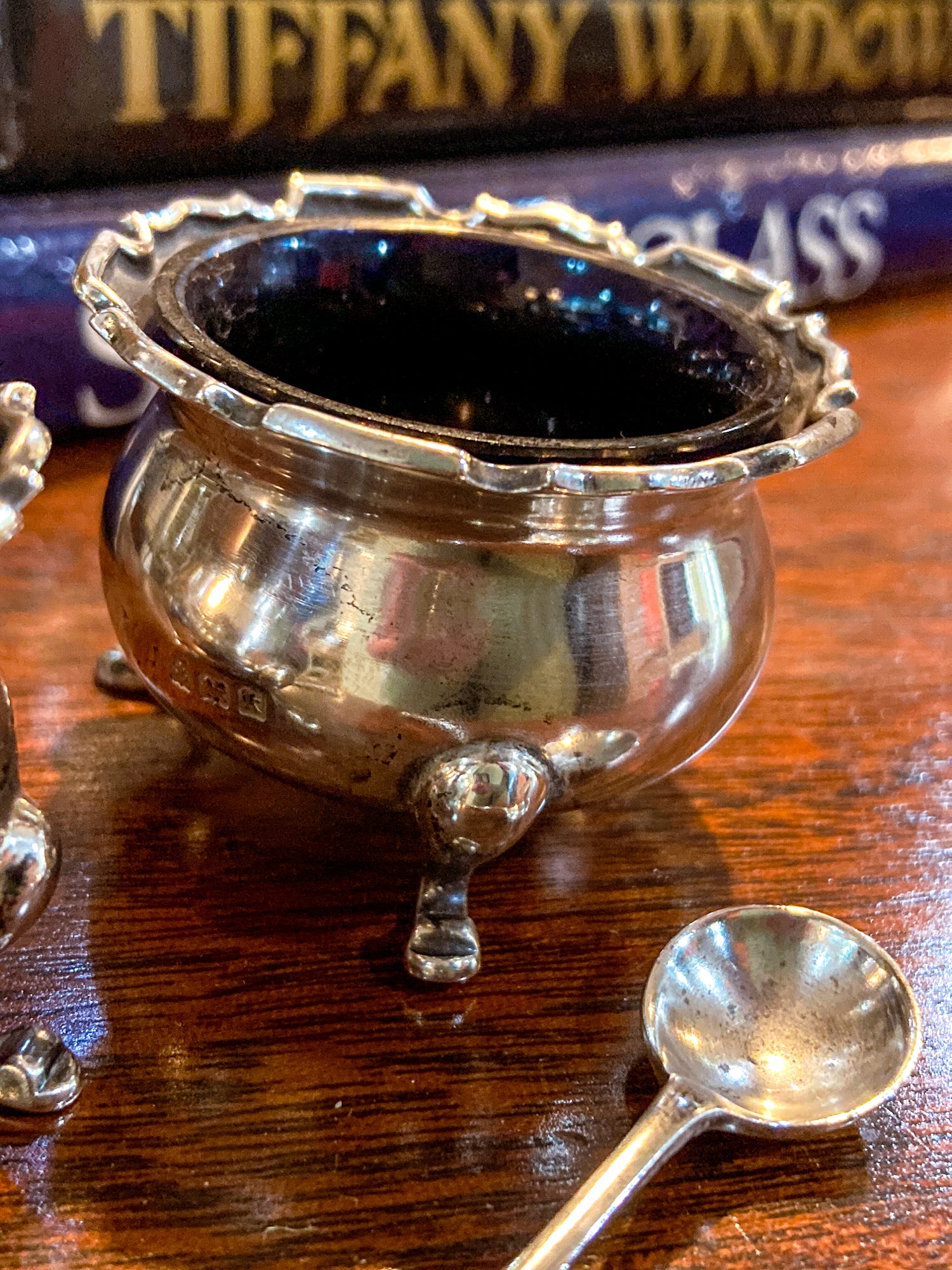 Pair Antique Mappin & Webb Sterling Silver Cobalt Glass Footed Salt Cellars