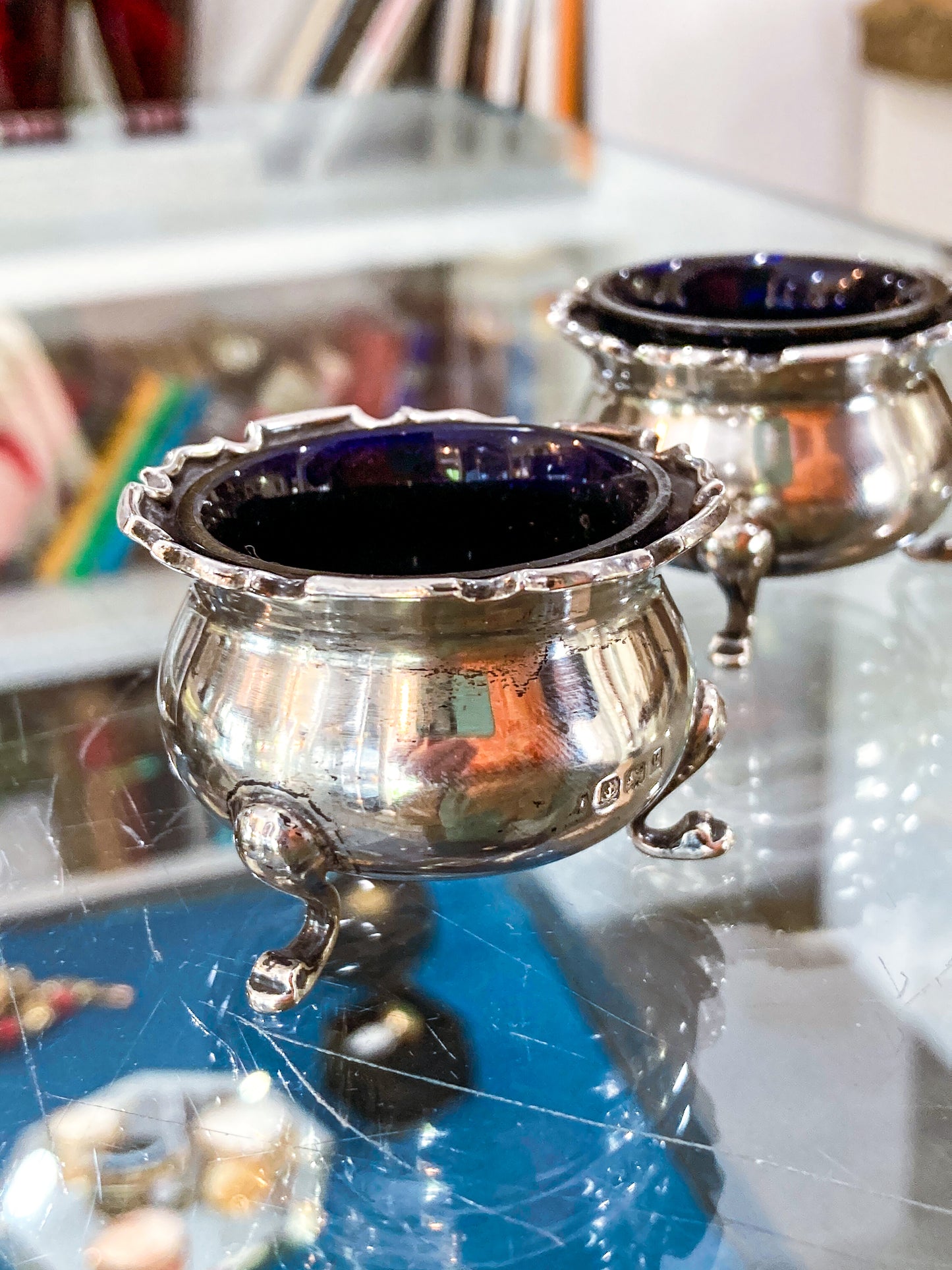 Pair Antique Mappin & Webb Sterling Silver Cobalt Glass Footed Salt Cellars