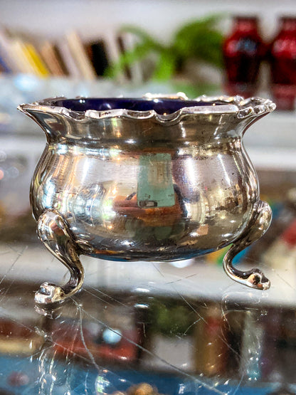 Pair Antique Mappin & Webb Sterling Silver Cobalt Glass Footed Salt Cellars