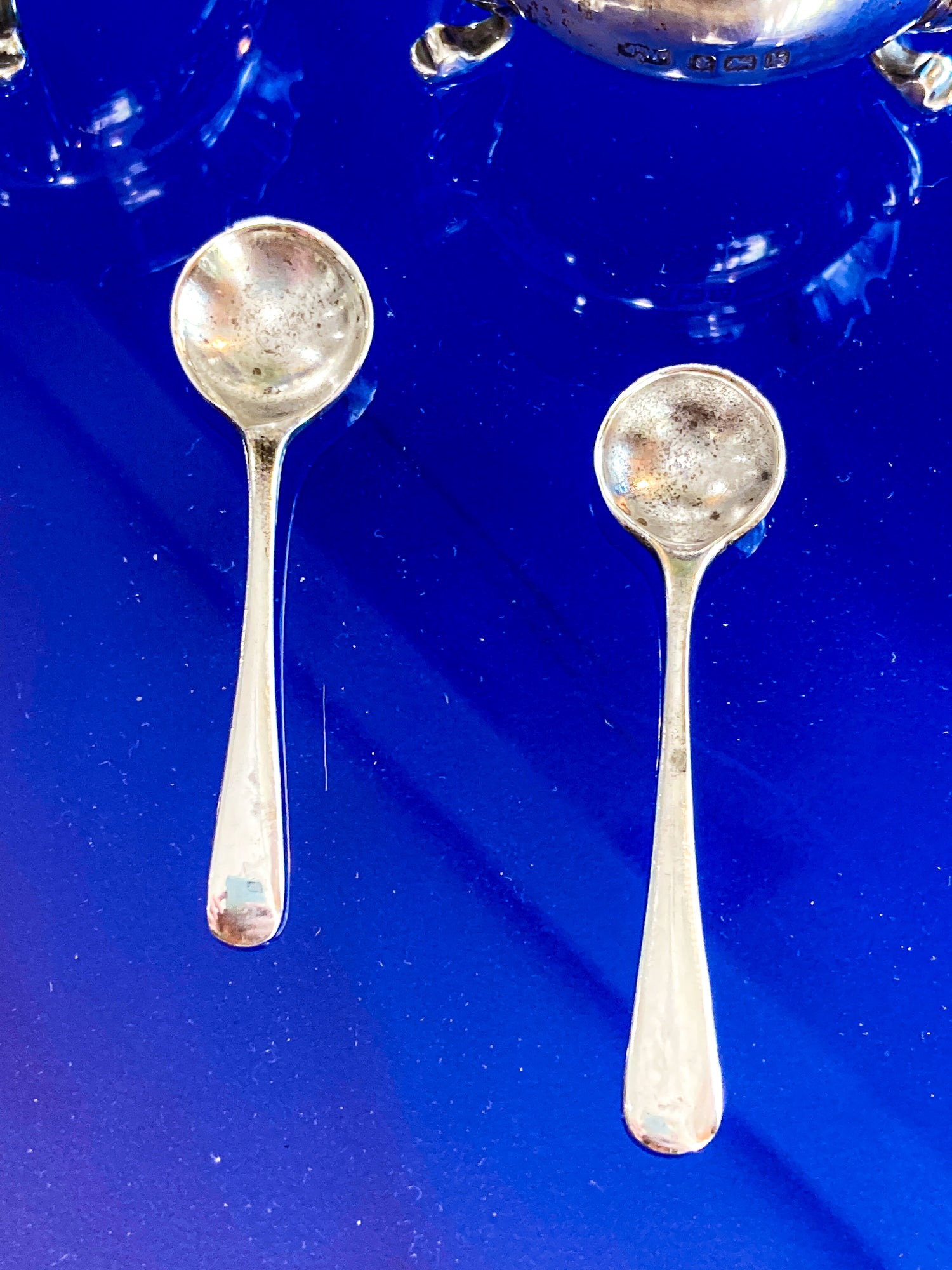Pair Antique Mappin & Webb Sterling Silver Cobalt Glass Footed Salt Cellars