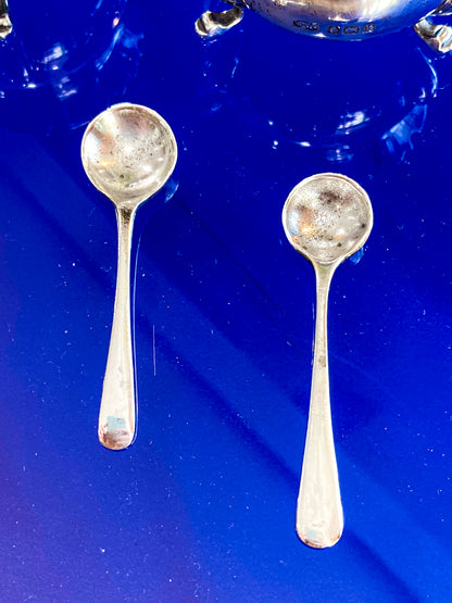 Pair Antique Mappin & Webb Sterling Silver Cobalt Glass Footed Salt Cellars
