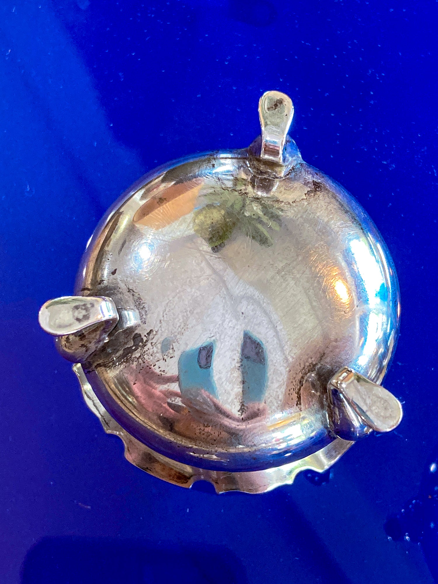 Pair Antique Mappin & Webb Sterling Silver Cobalt Glass Footed Salt Cellars