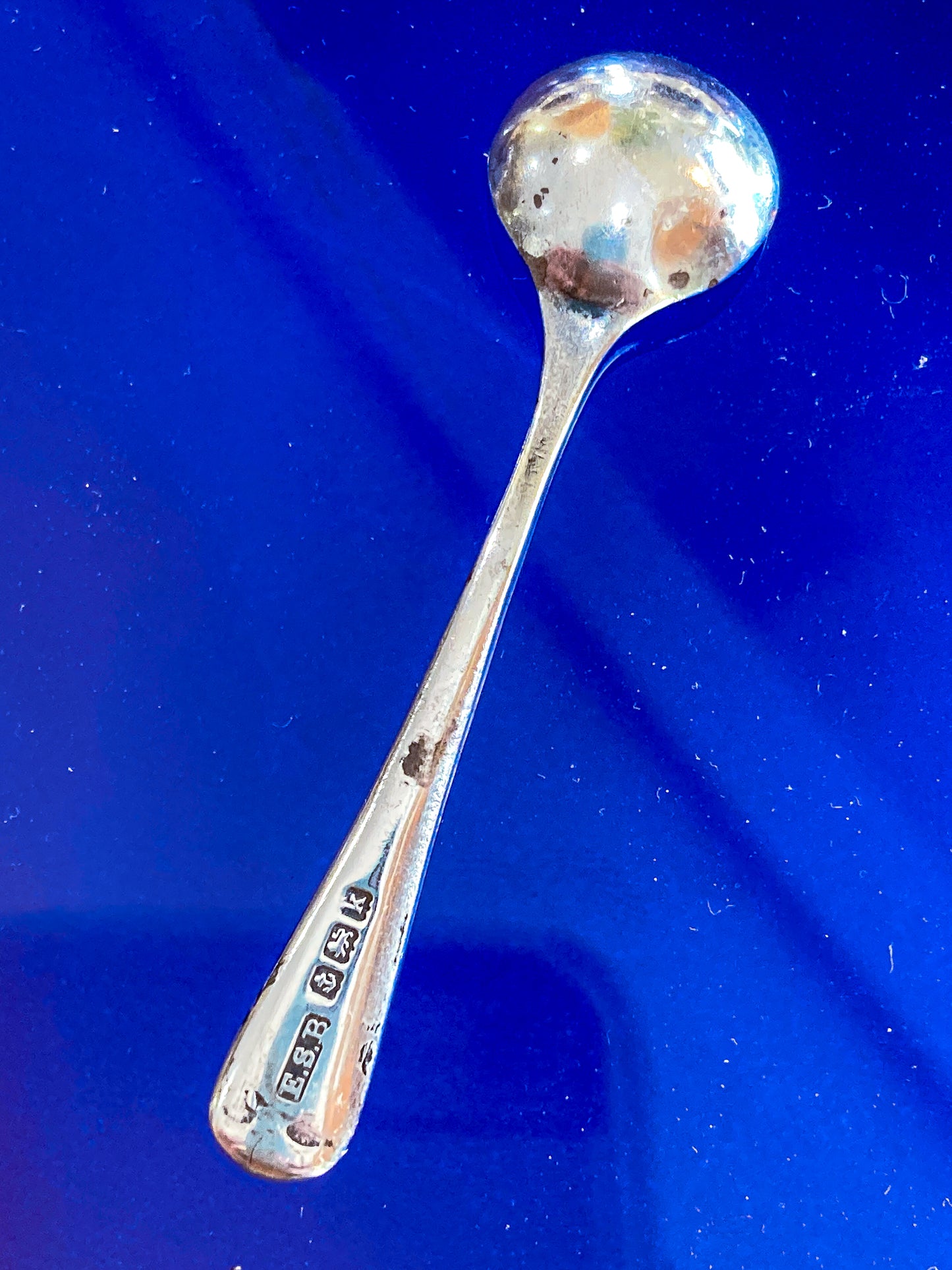Pair Antique Mappin & Webb Sterling Silver Cobalt Glass Footed Salt Cellars