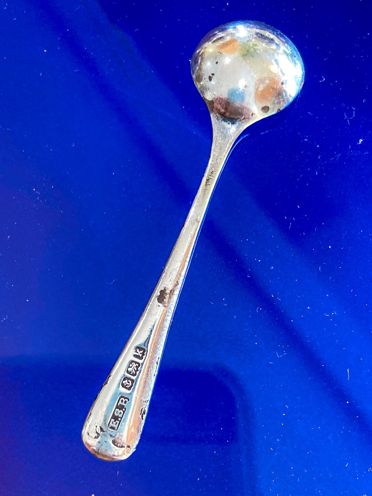 Pair Antique Mappin & Webb Sterling Silver Cobalt Glass Footed Salt Cellars