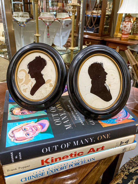 Pair Antique Style 19th Century Massachusetts Figures Framed Silhouettes
