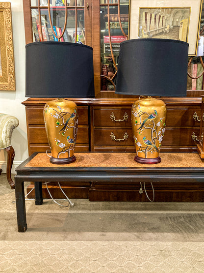 Pair Contemporary Black Shade Gold Floral Bird Ceramic Table Lamps