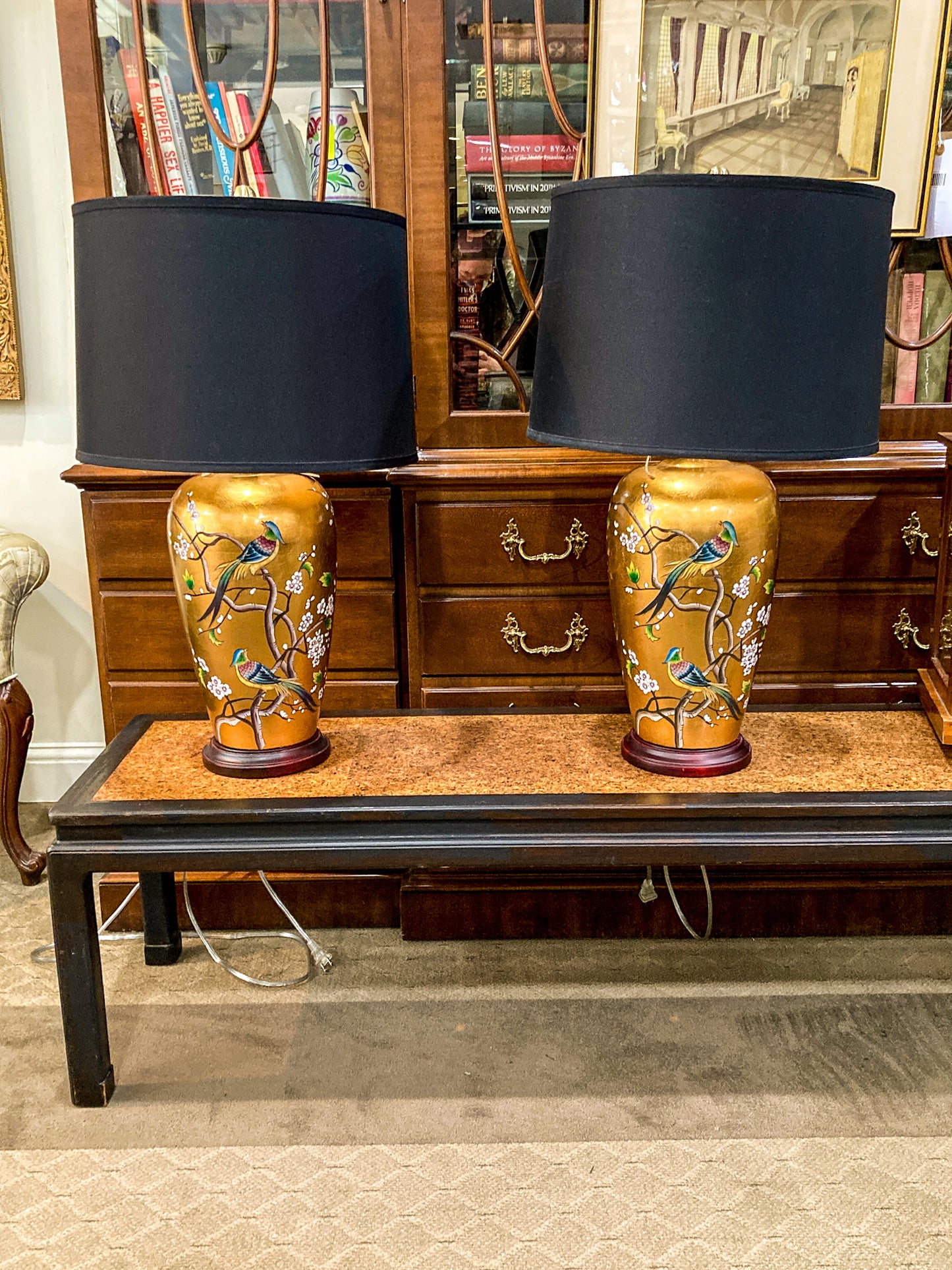 Pair Contemporary Black Shade Gold Floral Bird Ceramic Table Lamps