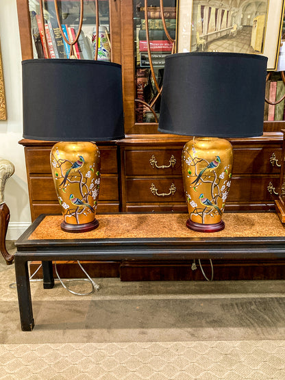 Pair Contemporary Black Shade Gold Floral Bird Ceramic Table Lamps