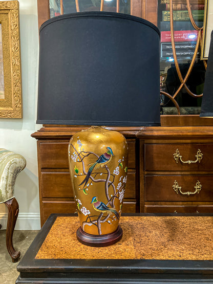 Pair Contemporary Black Shade Gold Floral Bird Ceramic Table Lamps