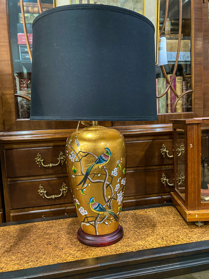 Pair Contemporary Black Shade Gold Floral Bird Ceramic Table Lamps