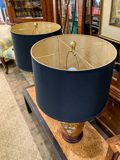 Pair Contemporary Black Shade Gold Floral Bird Ceramic Table Lamps