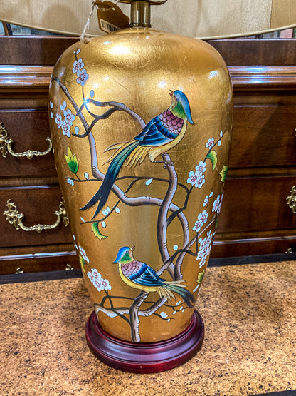 Pair Contemporary Black Shade Gold Floral Bird Ceramic Table Lamps