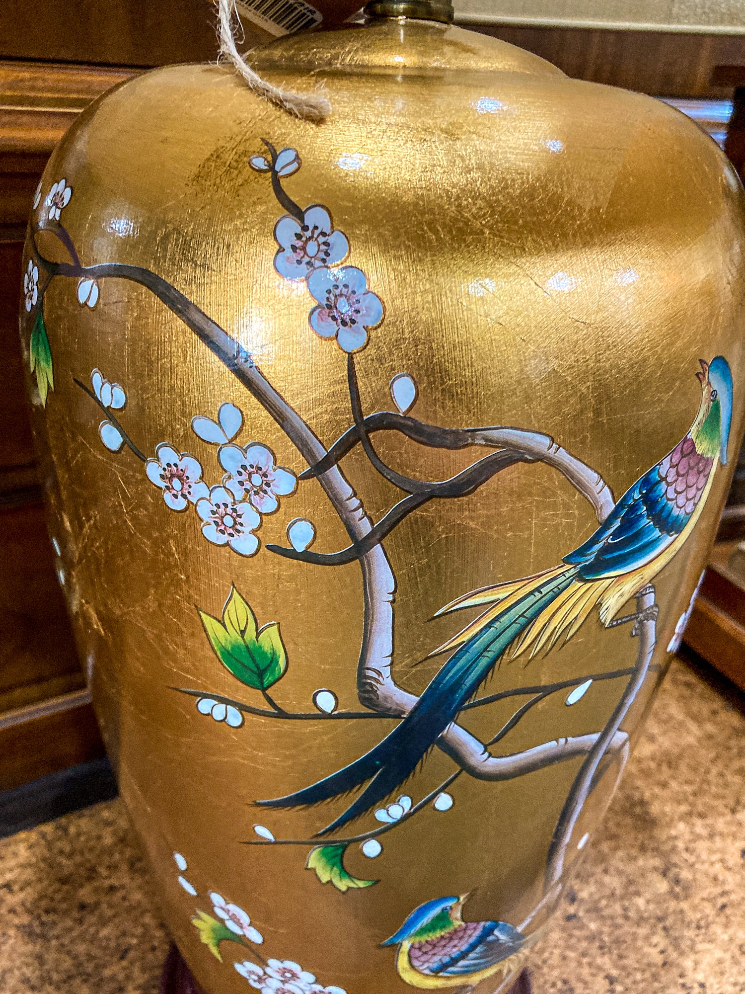 Pair Contemporary Black Shade Gold Floral Bird Ceramic Table Lamps