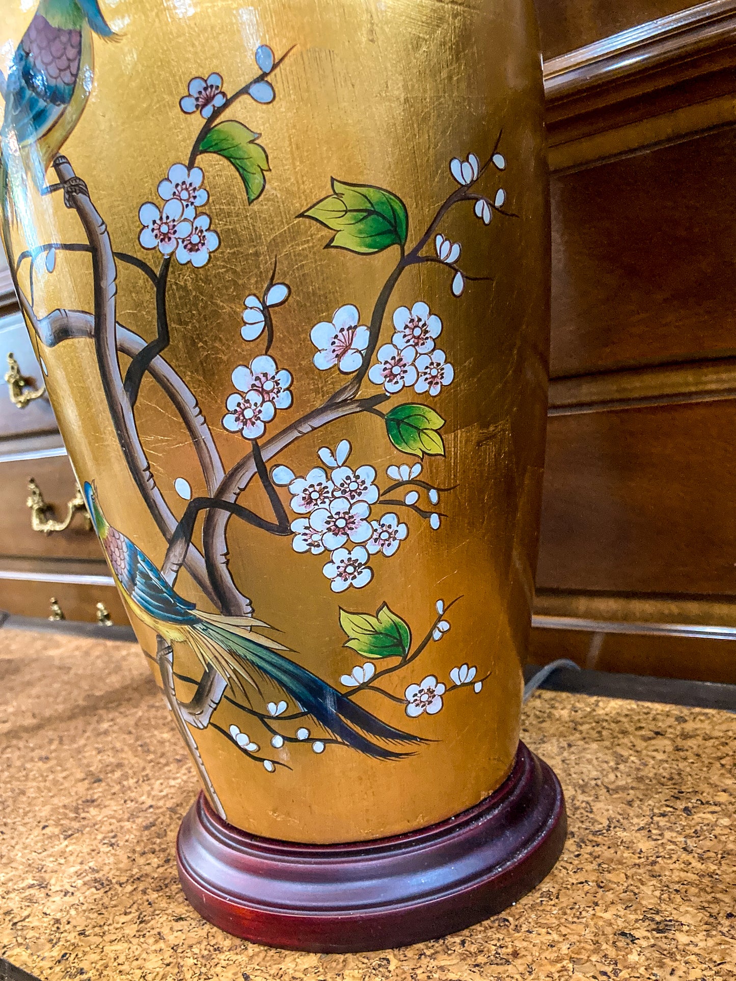 Pair Contemporary Black Shade Gold Floral Bird Ceramic Table Lamps