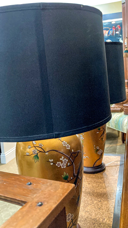 Pair Contemporary Black Shade Gold Floral Bird Ceramic Table Lamps