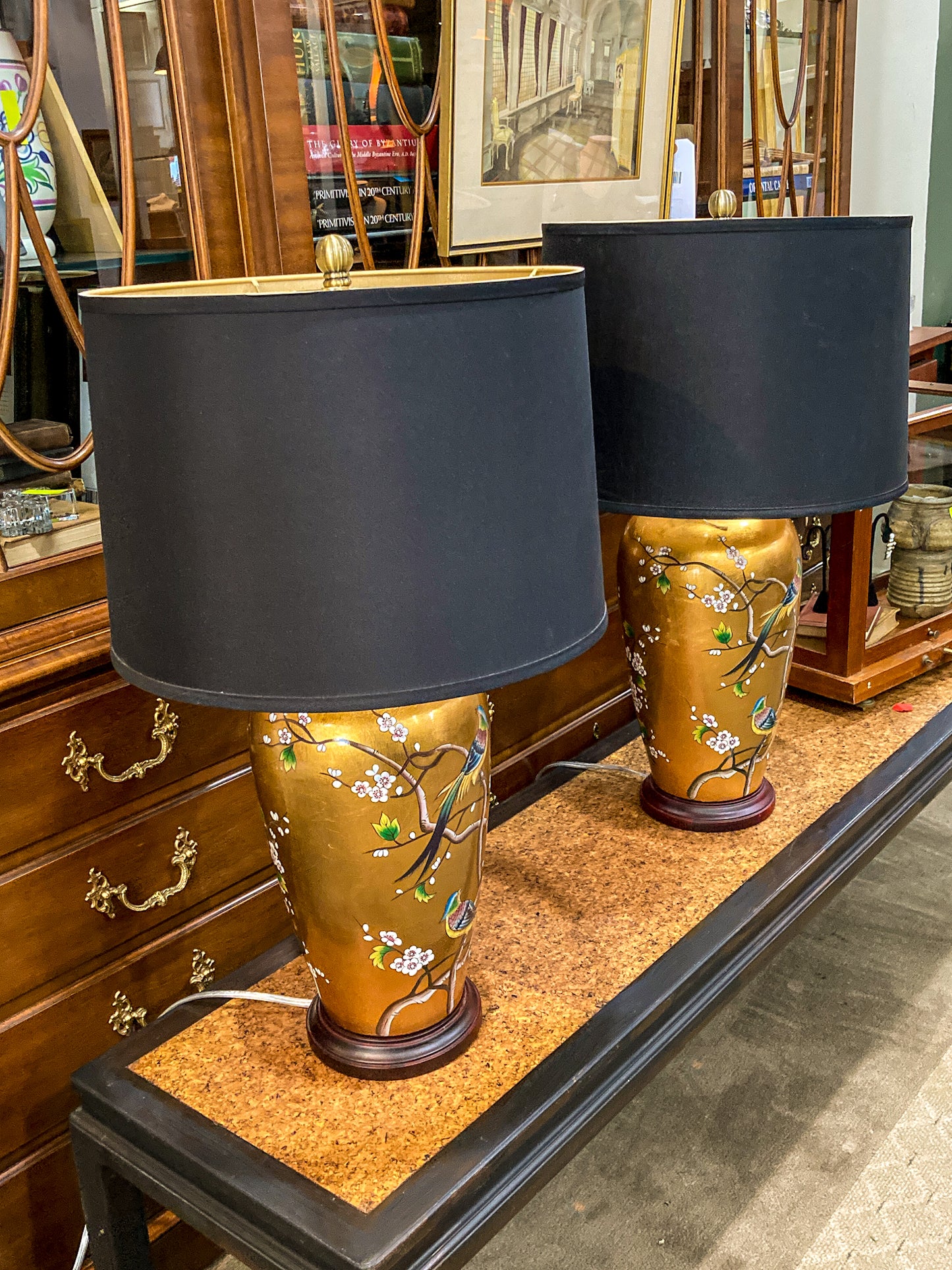 Pair Contemporary Black Shade Gold Floral Bird Ceramic Table Lamps