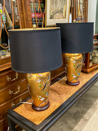 Pair Contemporary Black Shade Gold Floral Bird Ceramic Table Lamps