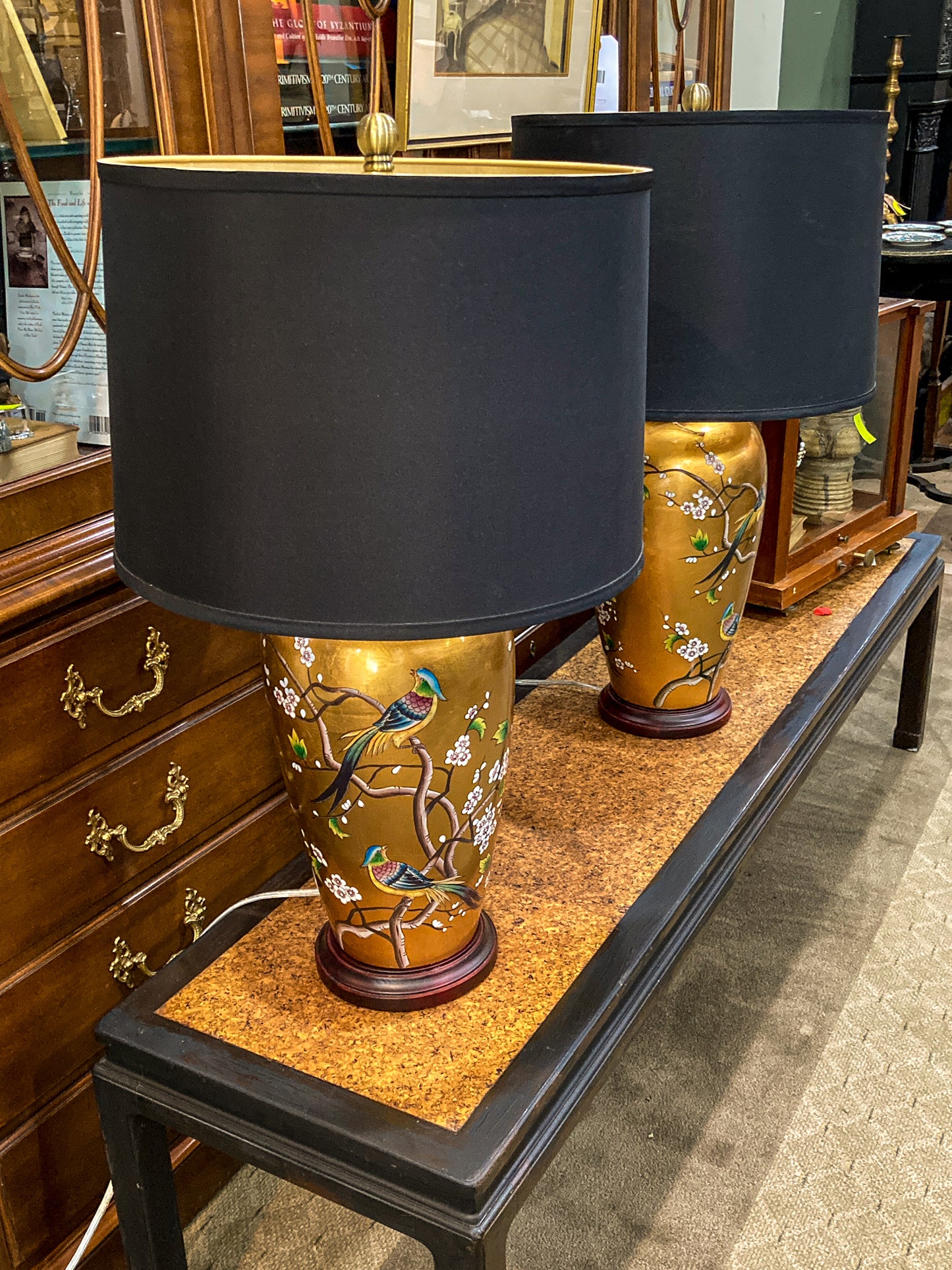 Pair Contemporary Black Shade Gold Floral Bird Ceramic Table Lamps