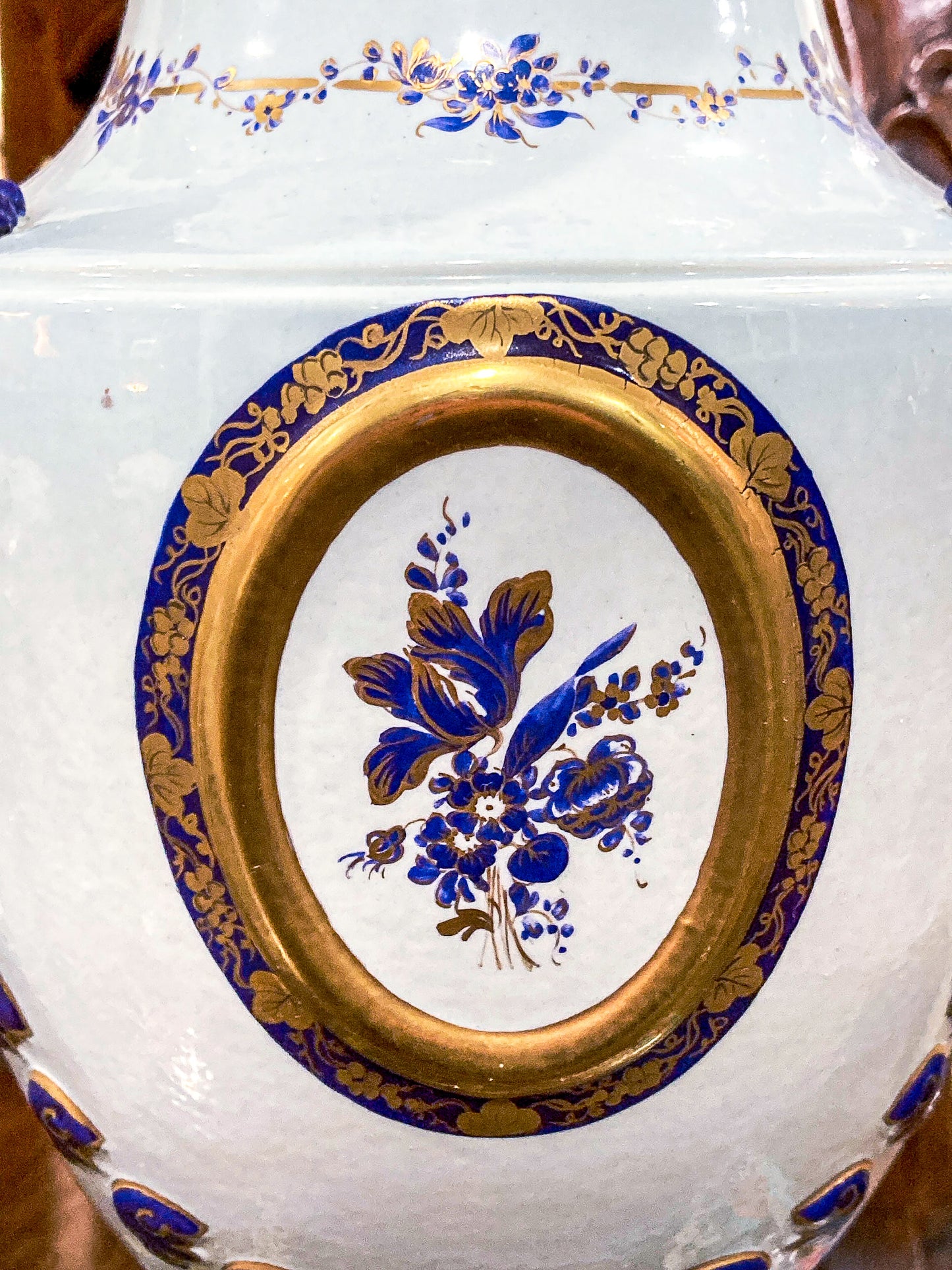 Pair Vintage 1980's 18th Century Style Blue White Gold Mottahedeh Porcelain Urns